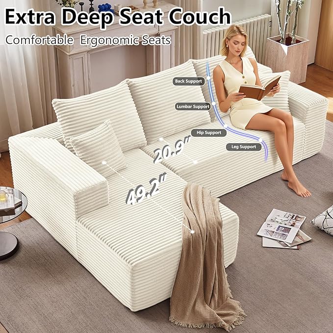 107" Cloud Sectional Couch with L-Shape Chaise, Modern Modular Comfy Sofa with Deep Seat, Upholstered Corduroy Couches Sleeper Chaise Longue for Living Room Bedroom, No Assembly Required, White