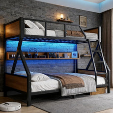 Full XL over Queen Bunk Bed with Storage Shelves, Metal Bunk Beds with Ladders and LED Lights, Heavy-duty Bunkbed for Bedrooms, Guest Rooms and Dorms, No Box Spring Needed and Noise-free Design, Black