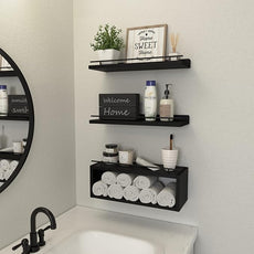 WOPITUES Floating Shelves for Wall with Cube Shelf, Wall Shelves with Metal Rail for Bathroom Decor, Bathroom Organizers and Storage, Over Toilet Shelves for Toilet Paper-Black