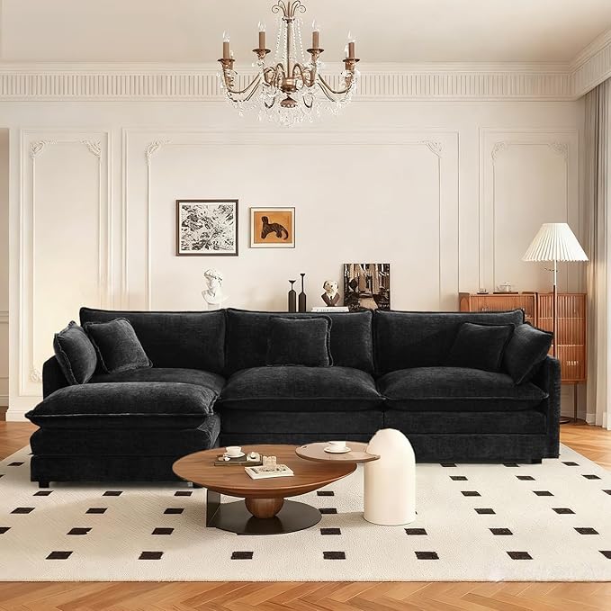 SoarFlash Chenille Sectional Sofa, Comfy L Shaped Modular Coush Sofa with Ottoman, Modern 3 Seat Couch Deep Seat Sofa Set for Living Room,Black