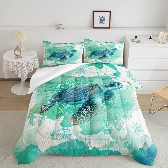CVHOUSE Sea Turtle Bedding Set, Full Ocean Bohemia Comforter for Boys Kids Girls, Quilt Set With 1 Comforter and 2 Pillow Cases