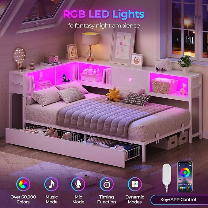 Hasuit Corner Twin Bed Frame with Storage Drawers and Bookcase Headboard, Twin Size Metal Platform Corner Bed Frame with Charging Station and LED Lights, Twin Daybed for Kids Teens Guests, White