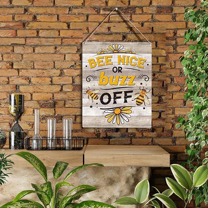 YCYD Bee Decor Bee Nice Or Buzz Off Wooden Hanging Sign, Rustic Farmhouse living room Decorations for Home Kitchen Wall Art Sign 10x8 Inches Inspirational Gift for Bee Farm Owners