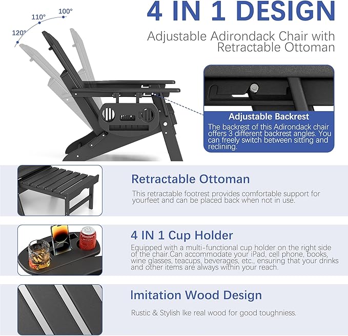 FOOWIN Adirondack Chair with Retractable Ottoman,HDPE Folding Adjustable Adirondack Chair w/4 in 1 Cup Holder Trays,All-Weather Resistant Fire Pit Chair for Outdoor Patio Lawn Set of 8