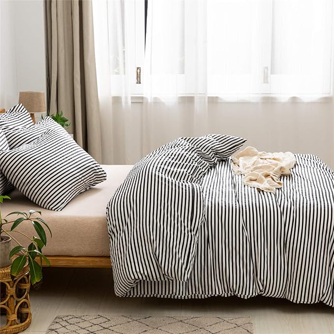 JELLYMONI 100% Natural Cotton 2pcs Striped Duvet Cover Sets,White Duvet Cover with Black Stripes Pattern Printed Comforter Cover,with Zipper Closure & Corner Ties(Twin Size)