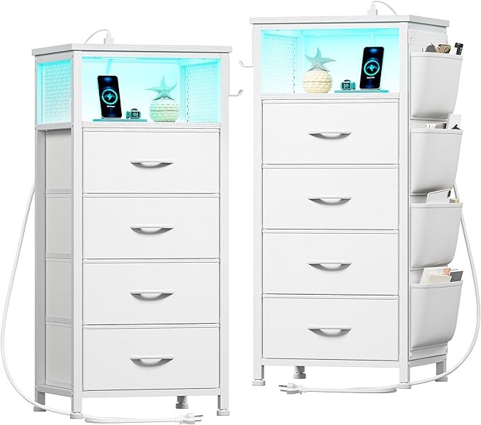 EnHomee White Nightstand Set of 2,LED Night Stand with Charging Station,Fabric Dresser for Bedroom, Hallway, Entryway, Living Room, Closet, Sturdy Steel Frame, Wood Top, Cloth Bags, Hooks, White