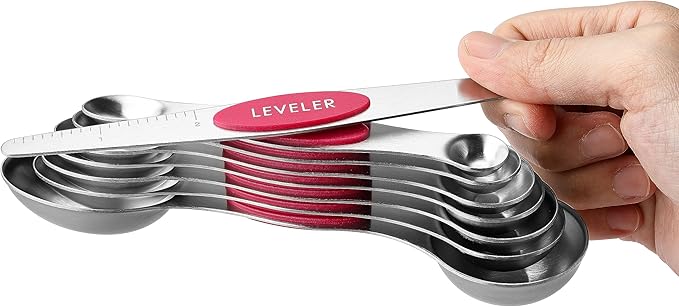 Spring Chef Pink Stainless Steel Magnetic Measuring Spoons Set of 8 with Leveler, Dual Sided Teaspoon & Tablespoon Measuring Set for Dry and Liquid Ingredients, Kitchen Gadgets for Baking & Cooking