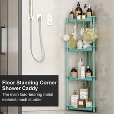 Orimade Rustproof 4 Tier Floor Standing Corner Shower Caddy Organizer, Plastic Metal Splicing Floor Corner Shelf Rack Stands for Bathroom, Blue