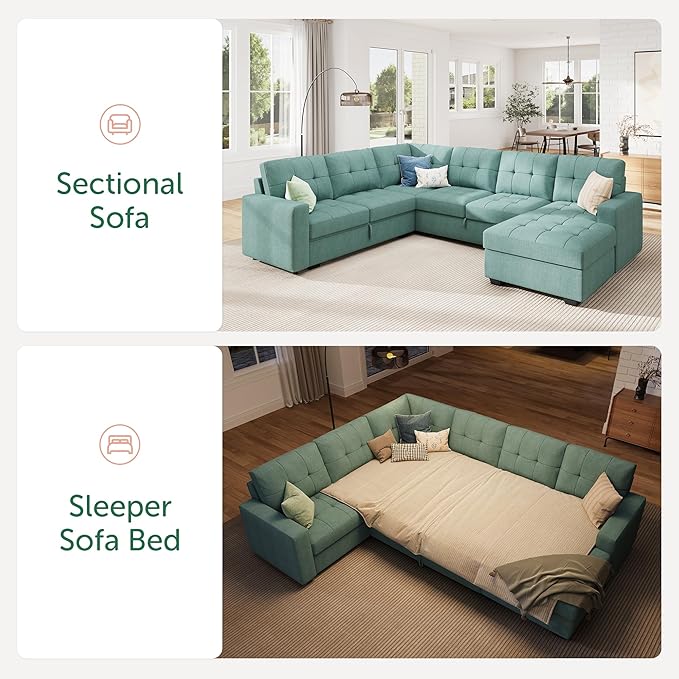 HONBAY Sectional Sleeper Sofa Bed, Sleeper Couch with Pullout Bed, Sectional Couch with Storage Chaise for Living Room, Blue