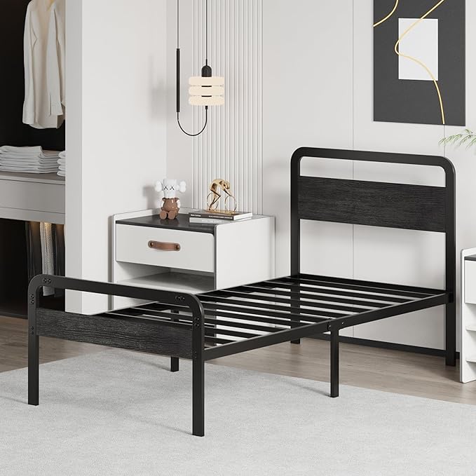 14 Inch Twin Size Bed Frames with Wooden Headboard and Footboard, Rustic Black Wood Bed Frame Twin No Box Spring Needed, Heavy Duty Mattress Foundation, Easy Assembly