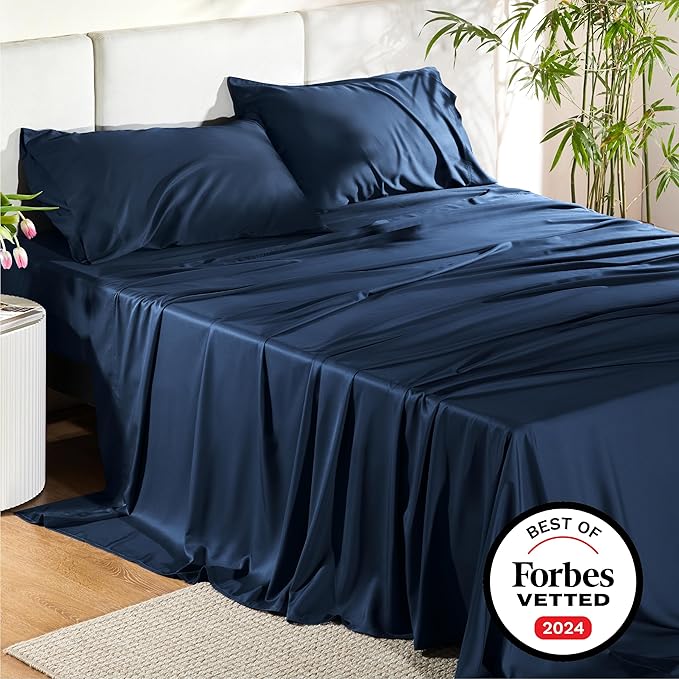 Bedsure Full Size Bed Sheets, Cooling Sheets, Rayon Derived from Bamboo, Breathable & Soft, Deep Pocket Up to 16 Inches, Hotel Luxury Silky Bedding for Hot Sleepers, Navy