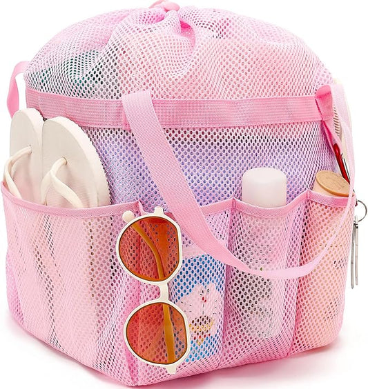 Mesh Shower Caddy Portable with Drawstring, Dorm Room Essentials for College Girls Guys, 8-Pocket Extra Large Shower Bag Basket Tote for Camping Beach Gym Travel Toiletry Bathroom