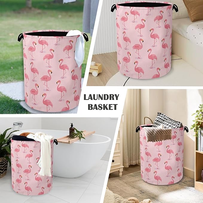 Pink Flamingo Laundry Hamper,Tropical Dirty Clothes Laundry Basket with Handles Waterproof Oxford Cloth Storage Basket for College Dorms Bathroom Bedroom 16" x 20.8"