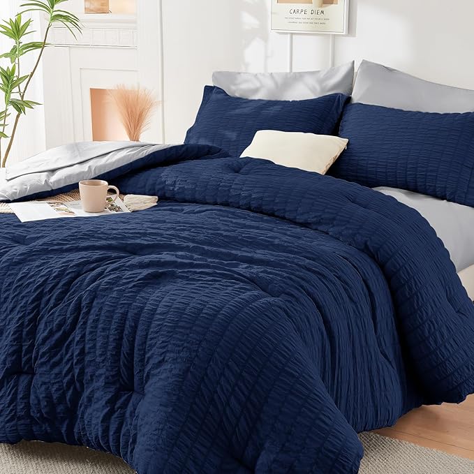 HYMOKEGE Navy Blue/Light Grey Twin XL Comforter Set Seersucker 5 Pieces, All Season Luxury Bed in a Bag for Bedroom, Bedding Set with Comforter, Sheets, Pillowcase & Sham