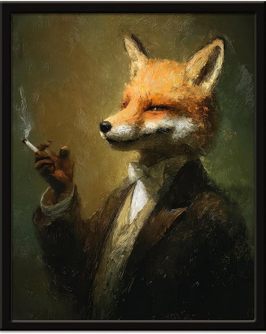 Funny Elegant Animal Wall Art Print Mr. Fox In Thinking Poster Vintage Canvas Art Wall Decor Picture For Bedroom Office Bathroom Wall Decor Aesthetic Home Artwork 12" × 16" With Framed