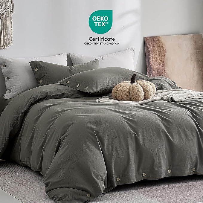 JELLYMONI 100% Washed Cotton Duvet Cover Twin – Soft, Breathable Linen-Look Bedding with Natural Wrinkle Texture, Button Closure, 3-Piece Set (Dark Grey, 68"x90")