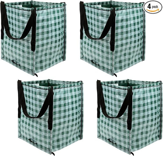 DURASACK Heavy Duty Storage Tote Bag 22-Gallon Rugged Woven Polypropylene Moving Bag, Reusable Self-Standing Design, Holds up to 500 Pounds, Pack of 4, Gingham Green