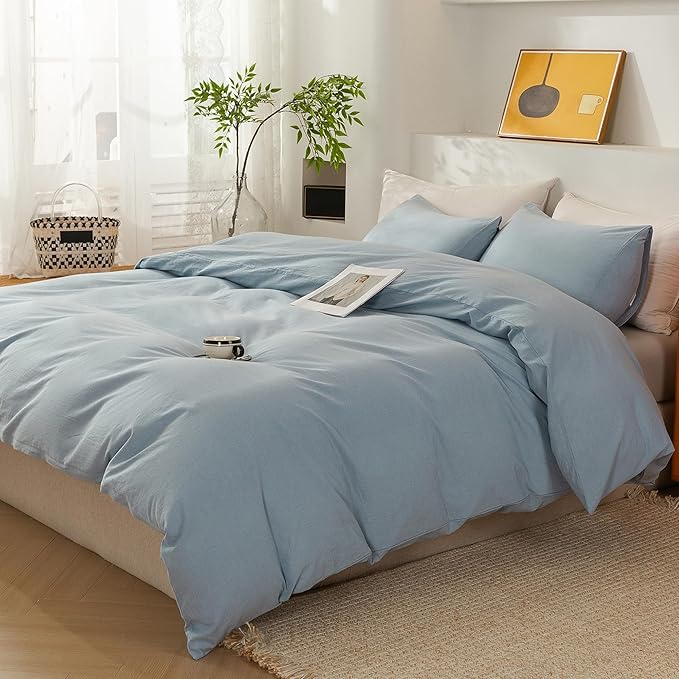 ECOCOTT Haze Blue Duvet Cover Queen Size, 3 Piece 100% Washed Cotton 1 Duvet Cover with Zipper and 2 Pillowcases, Ultra Soft and Easy Care Breathable Cozy Bedding Set (Haze Blue,Queen)