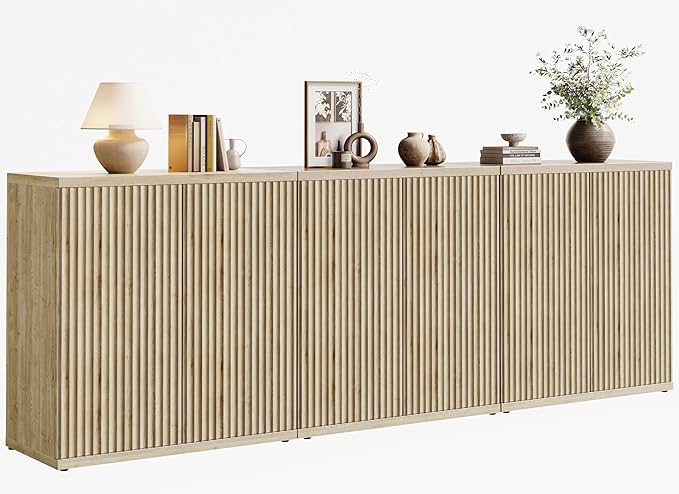 Fluted Buffet Cabinet Sideboard with Storage,Wooden Credenza with 2 Doors&Adjustable Shelve, Modern Accent Cabinets Coffee Bar Bookcase for Living Room,Kitchen Dining Room Entryway 15"D Natural Oak