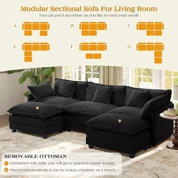113.4" Modular Sectional Sofa,U Shaped Couch for Living Room,Modern Deep Seat Sofa 3 Seater Chenille Fabric Comfy Cloud Couches with Throw Pillows & Movable Ottoman