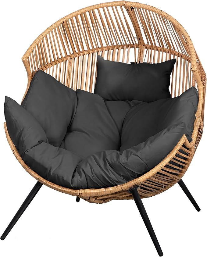 Vongrasig Comfy Wicker Egg Chair, Soft Thick Cushion Rattan Lounge Chair, High Capacity Steel Frame, Reading Chair for Living Room, Bedroom, Dorm Rooms (Black)