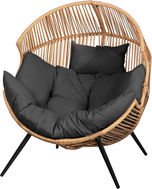 Vongrasig Comfy Wicker Egg Chair, Soft Thick Cushion Rattan Lounge Chair, High Capacity Steel Frame, Reading Chair for Living Room, Bedroom, Dorm Rooms (Black)