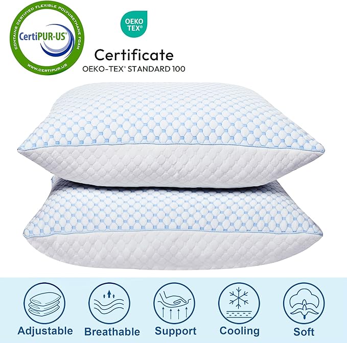 XWZO Cooling Pillow 2 Pack Pillows Queen Size Set of 2, Shredded Memory Foam Pillows Adjustable Gel Bed Pillows for Side Back Stomach Sleepers with Washable Removable Cover