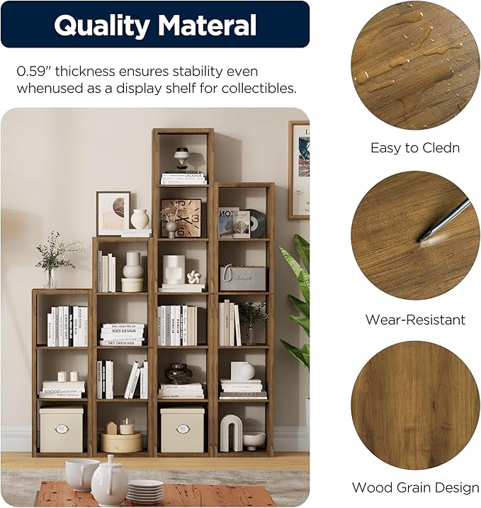 5 Cube Storage Organizer Single Row, Cube Shelf with Heavy-Duty Thick Boards, 13.31" L x 9.37" W x 60.55" H, Smooth Easy-Clean Panels, Simple Assembly, for Living Room Bedroom Office, Brown