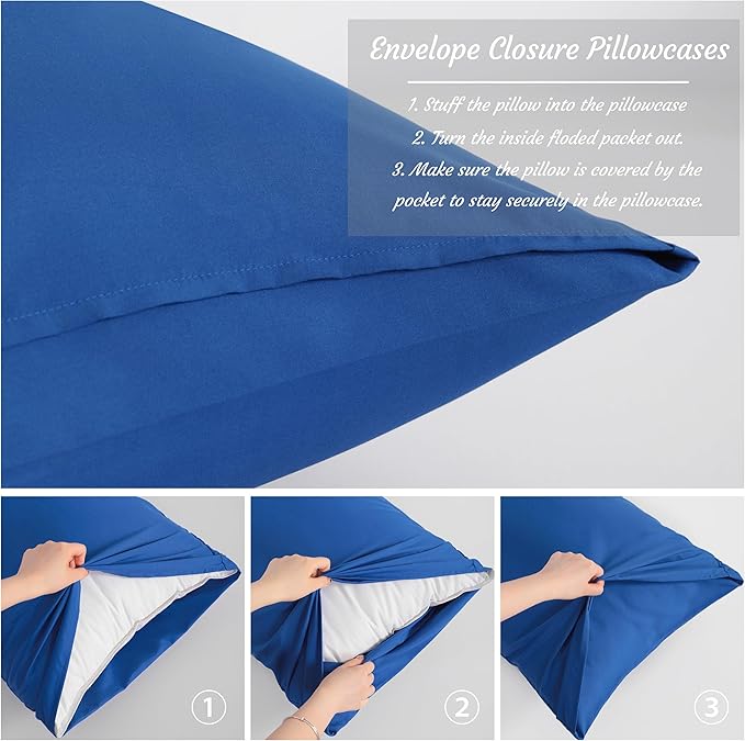 NTBAY Standard Pillow Cases Set of 2, 2 Pack Brushed Microfiber 20x26 Pillow Cases, Soft, Wrinkle, Fade, Stain Resistant Royal Blue Pillow Cases with Envelope Closure, 20x26 Inches, Royal Blue