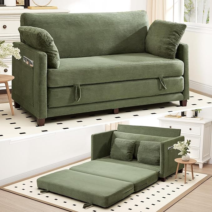 65" Convertible Loveseat Sofa Bed, 2-in-1 Folding Sofa Bed with 2 Pillow for Small Spaces, Modern Loveseat Sleeper Couch for Apartment, Living Room & Guest Room (Green Corduroy, 65 inch)