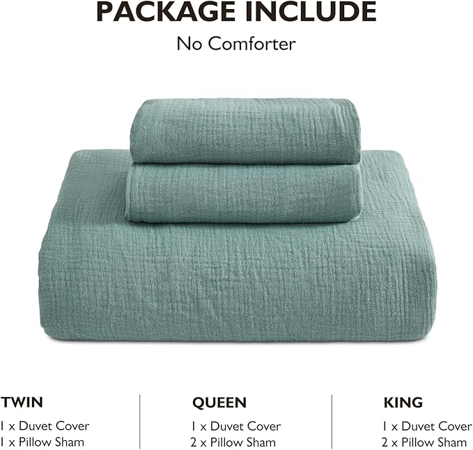 EMME Muslin Cotton Duvet Cover Set Teal King Size Linen Like Soft Breathable Lightweight Summer Comforter Cover Set with Zipper Closure (Teal, King, 104"x90")