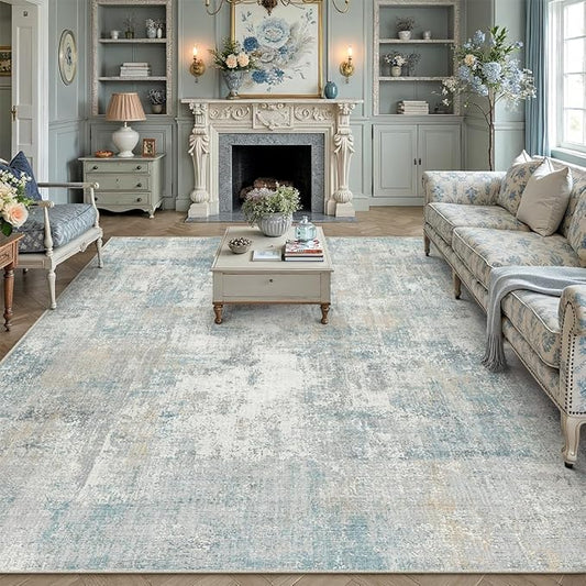8x10 Washable Area Rug Blue Cream Abstract Living Room Bedroom Carpet Neutral Modern Non-Slip Soft Low Pile Lightweight Vacuumable Large Throw Rug for Dining Room