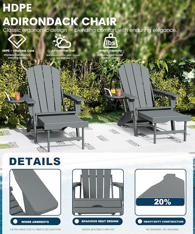 FOOWIN Folding Adjustable Adirondack Chair with Retractable Ottoman Set of 4, HDPE Adirondack Chair w/4 in 1 Cup Holder Trays,All-Weather Resistant Fire Pit Chair for Outdoor Patio Lawn, Grey