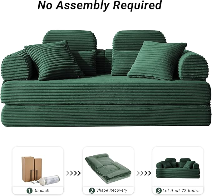 Convertible Sofa Bed with Fixed Frame, Corduroy Futon Boneless Couch with Pillow Headrest, No-Assembly Floor Sofa 79" Extra-Wide Sleeper for Living Room, Bedroom, Lounge, Studio (Dark Green)