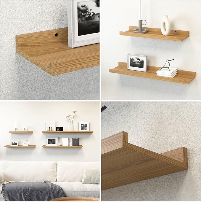 Floating Shelves Set of 2, Modern Wall Shelves with Lip, Display Picture Ledge for Bedroom, Living Room, Bathroom, Kitchen - Oak