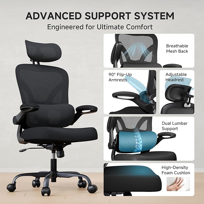 Ergonomic Office Chair, 330 lbs Home Mesh Desk Office Chair with Adjustable Lumbar Support & Headrest, Flip-up Armrests for Long Hours, Black