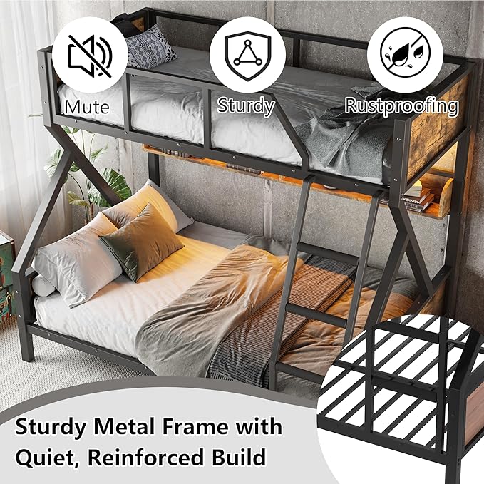 Twin over Full Bunk Bed with Storage Shelves, Metal Bunk Beds with Ladders and Lights, Heavy-duty Bunkbed for Bedrooms, Guest Rooms and Dorms, No Box Spring Needed and Noise-free Design, Woodgrain