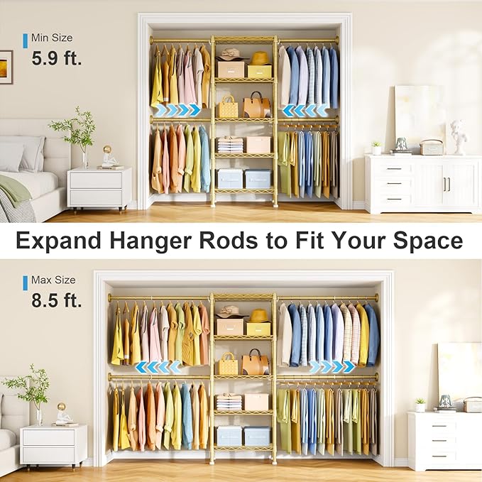 Ulif M2 Wall-Mounted Clothes Rack, Metal Closet System with 4 Expandable Hanger Rods and 5 Metal Shelves, Mount-on-Wall Clothing Storage Organizer in (70.8-102.3)" L x 14.5" D x 71.2" H, Gold