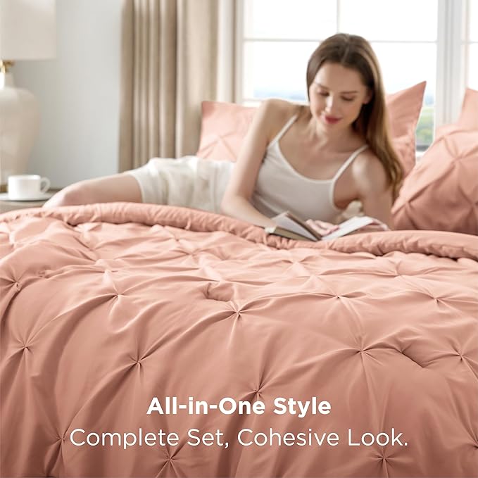 Bedsure California King Comforter Set Dusty Pink - Bed in a Bag California King 7 Pieces, GentleSoft™ Pintuck Bed Set Gift for Family, Pinch Pleat Dusty Pink Comforter with Sheets, Pillowcases & Shams