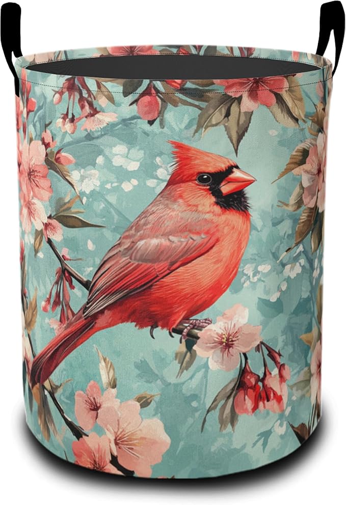 Vintage Cardinal Bird Laundry Basket, Flowers Oxford Cloth Laundry Hamper With Handle Foldable Portable Clothes Storage Basket Storage Bag For Laundry Room/Bathroom/Bedroom/Dormitories