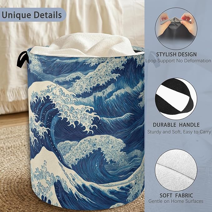 Ocean Wave Laundry Basket,Japanese Foldable Oxford Cloth Tote Bag Laundry Hamper Clothes Storage Bucket Organizer for Bedroom Laundry Storage Dormitories 16" x 20.8"