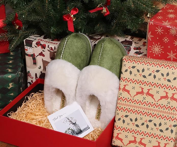 KuaiLu Womens Fluff Dual Memory Foam Slippers Ladies Cozy Arch Support Warm Scuff Slippers Slip on Comfy Winter House Shoes with Non-Slip Indoor Outdoor Hard Sole