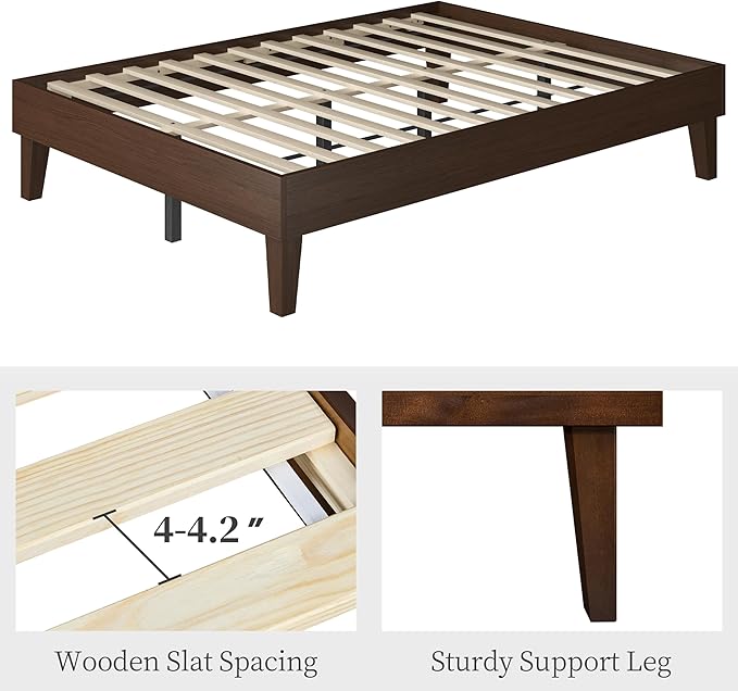 Yaheetech Full Bed Frame Natural Solid Wood Platform Bed with Wooden Slats Support, 12-inch Underbed Space for Storage, Noise-Free Design, Easy Assembly, Dark Walnut Finish