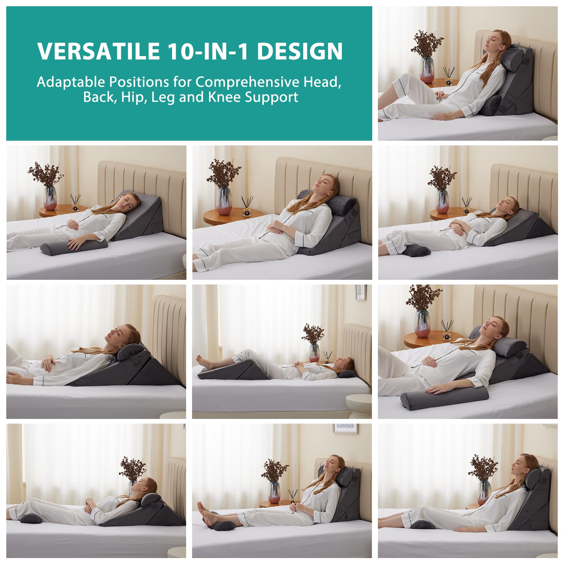 Bedluxe Wedge Pillow Headboard, 3PCS Orthopedic Bed Wedge Pillows Set for After Surgery, Adjustable Pillow Wedge for Acid Reflux&Back Pain Relief, Sleeping, Back Pillow for Bed Sitting Up, White/Grey Dormly