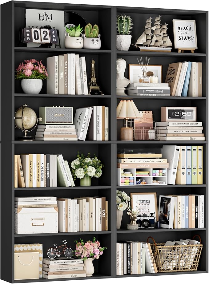 FOTOSOK 6-Tier Open Bookcase and Bookshelf Set of 2, Freestanding Display Storage Shelves Tall Bookcase for Bedroom, Living Room and Office, Black