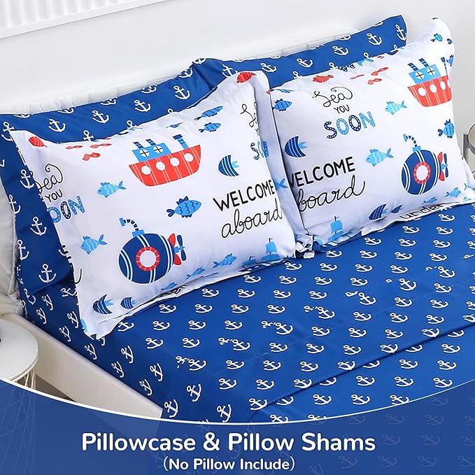 Viviland Kids Twin Bedding Sets for Boys, Soft Twin Comforter Set with Sheets, 5 Pieces Microfiber Bed in a Bag, Nautical Sea Ship