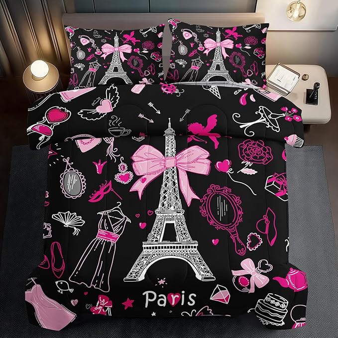 Eiffel Tower Comforter Set King Size,Eiffel Tower Bedding Set for Girls, Pink and Black Paris Themed Comforter Bedroom Decor,Paris Quilt French Style Romantic Bedding