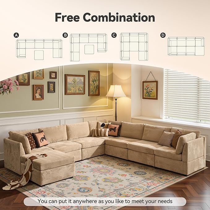 Large 8 Seat Modular Sectional Sofa with Ottoman Seat Corduroy Sleeper Sectional Sofa Bed Oversized Convertible Modular Couch for Living Room