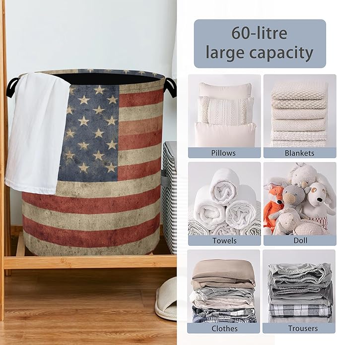 Vintage Flag Laundry Basket,Oxford Cloth Laundry Hamper with Handle Foldable Portable Clothes Storage Basket for Bathroom Bedroom Dorm Room 16" x 20.8"