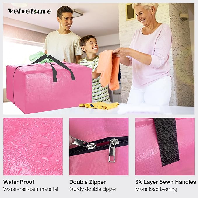 12 Pack Heavy Duty Large Moving Bags W/Backpack Straps - Strong Handles & Zippers, Storage Totes For Space Saving, Fold Flat, Alternative to Moving Box and Storage Bin, Pink